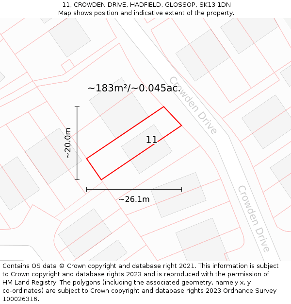 11, CROWDEN DRIVE, HADFIELD, GLOSSOP, SK13 1DN: Plot and title map