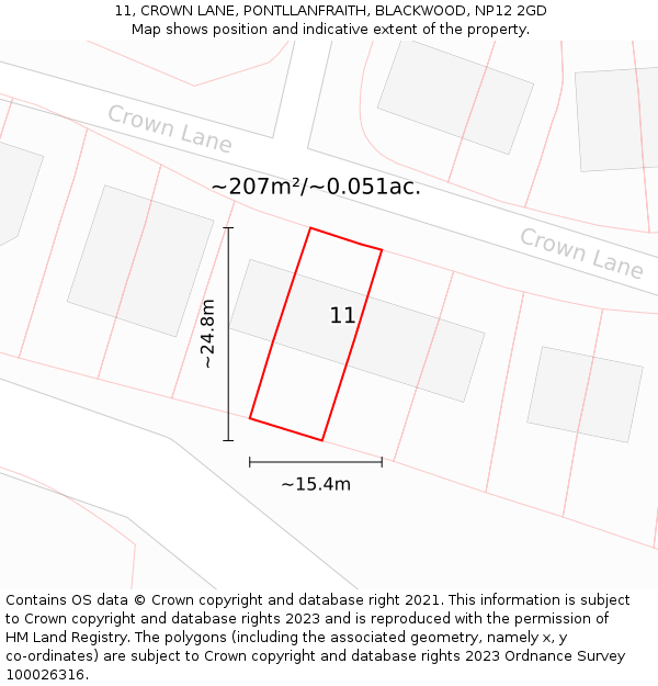 11, CROWN LANE, PONTLLANFRAITH, BLACKWOOD, NP12 2GD: Plot and title map