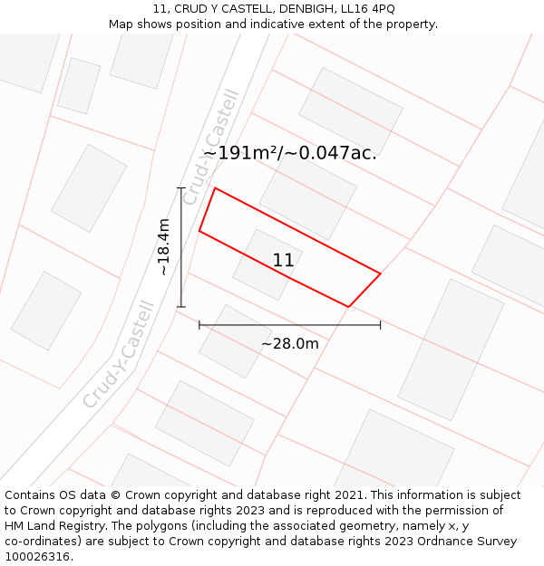 11, CRUD Y CASTELL, DENBIGH, LL16 4PQ: Plot and title map