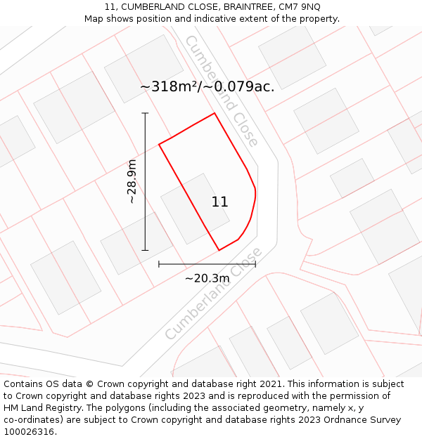 11, CUMBERLAND CLOSE, BRAINTREE, CM7 9NQ: Plot and title map