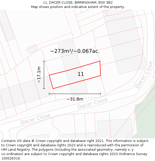 11, DACER CLOSE, BIRMINGHAM, B30 3BZ: Plot and title map