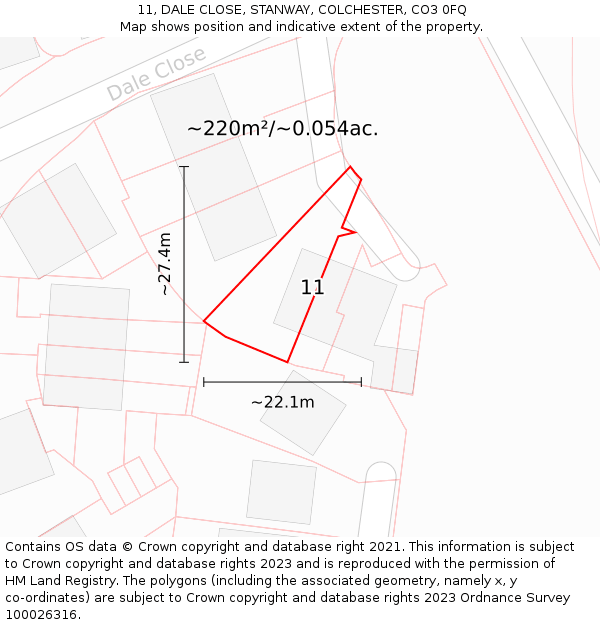 11, DALE CLOSE, STANWAY, COLCHESTER, CO3 0FQ: Plot and title map