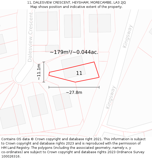 11, DALESVIEW CRESCENT, HEYSHAM, MORECAMBE, LA3 2JQ: Plot and title map