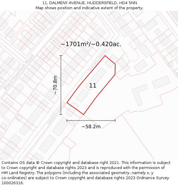 11, DALMENY AVENUE, HUDDERSFIELD, HD4 5NN: Plot and title map