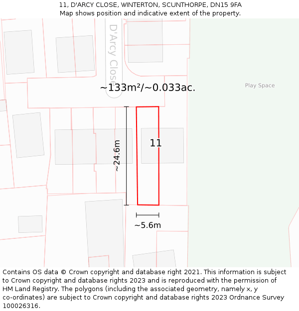 11, D'ARCY CLOSE, WINTERTON, SCUNTHORPE, DN15 9FA: Plot and title map