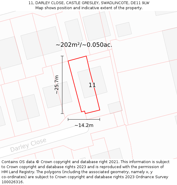 11, DARLEY CLOSE, CASTLE GRESLEY, SWADLINCOTE, DE11 9LW: Plot and title map
