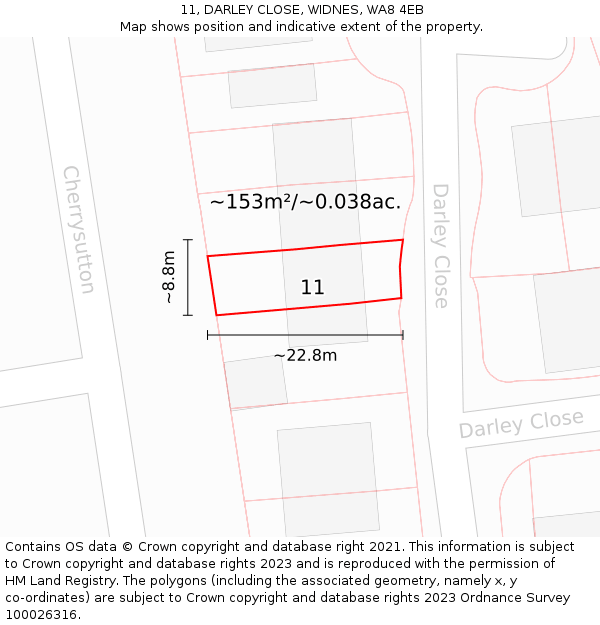 11, DARLEY CLOSE, WIDNES, WA8 4EB: Plot and title map