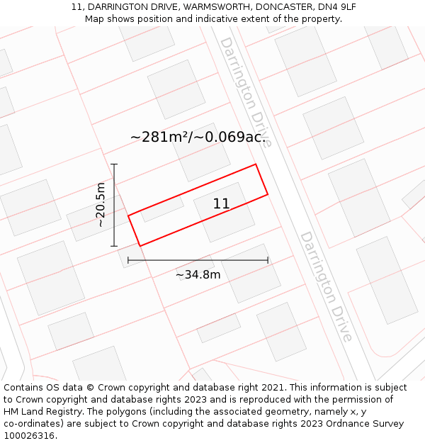 11, DARRINGTON DRIVE, WARMSWORTH, DONCASTER, DN4 9LF: Plot and title map