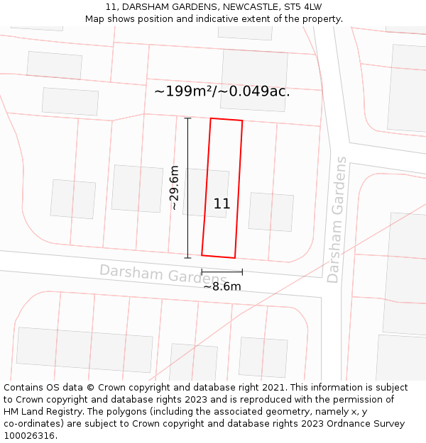 11, DARSHAM GARDENS, NEWCASTLE, ST5 4LW: Plot and title map
