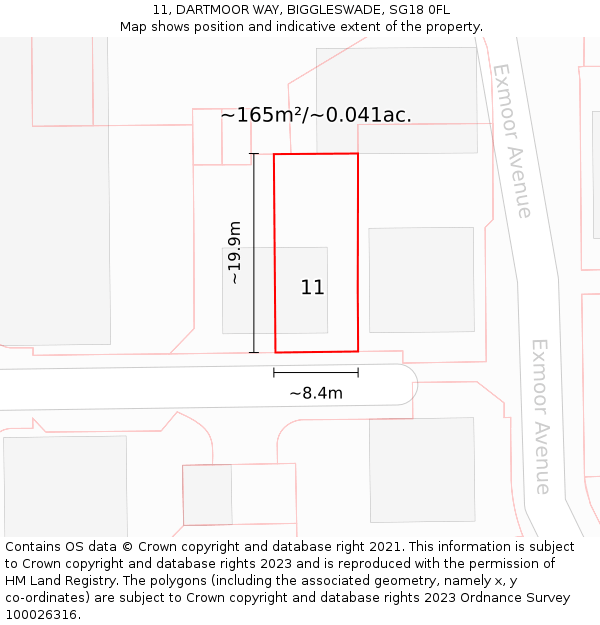 11, DARTMOOR WAY, BIGGLESWADE, SG18 0FL: Plot and title map