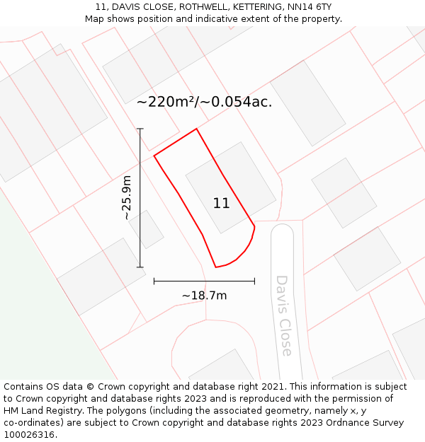 11, DAVIS CLOSE, ROTHWELL, KETTERING, NN14 6TY: Plot and title map