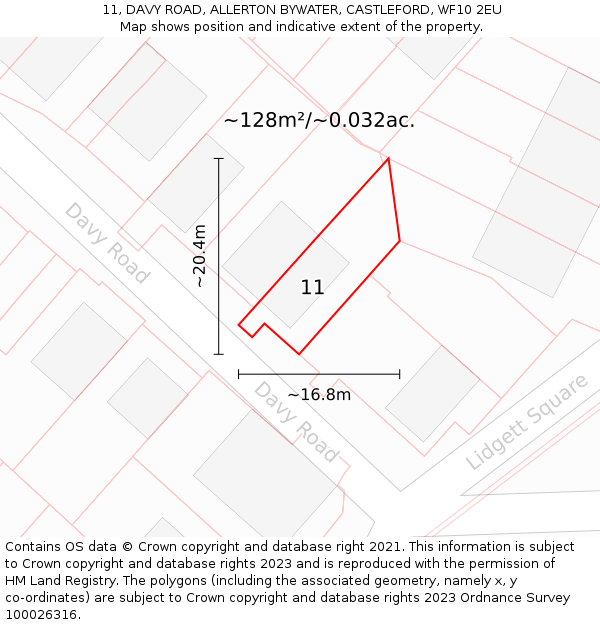 11, DAVY ROAD, ALLERTON BYWATER, CASTLEFORD, WF10 2EU: Plot and title map