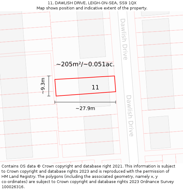11, DAWLISH DRIVE, LEIGH-ON-SEA, SS9 1QX: Plot and title map