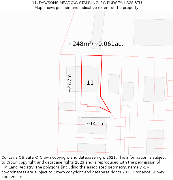 11, DAWSONS MEADOW, STANNINGLEY, PUDSEY, LS28 5TU: Plot and title map