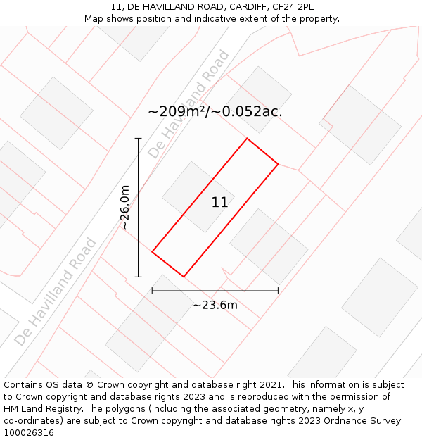 11, DE HAVILLAND ROAD, CARDIFF, CF24 2PL: Plot and title map