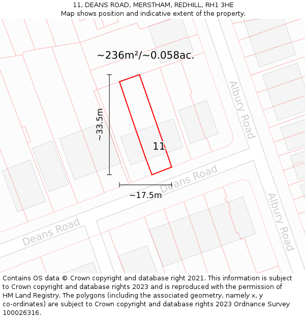 11, DEANS ROAD, MERSTHAM, REDHILL, RH1 3HE: Plot and title map