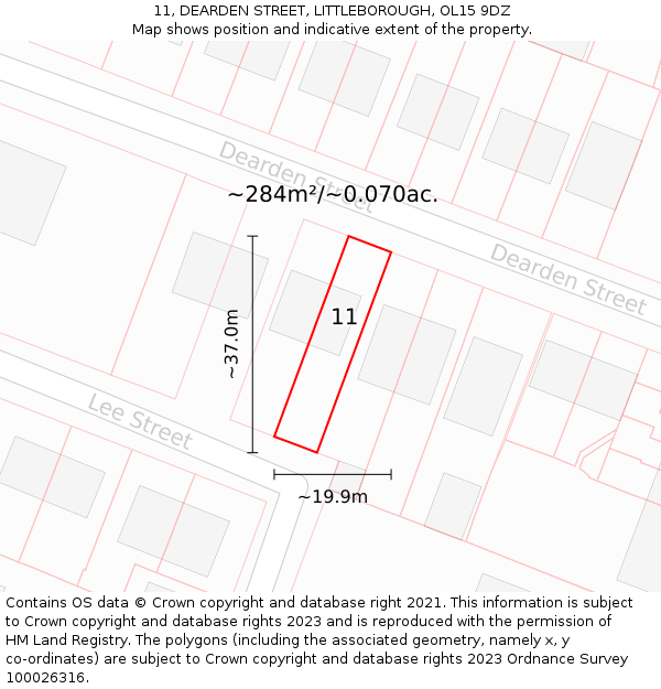 11, DEARDEN STREET, LITTLEBOROUGH, OL15 9DZ: Plot and title map
