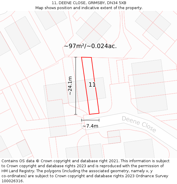 11, DEENE CLOSE, GRIMSBY, DN34 5XB: Plot and title map