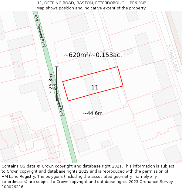 11, DEEPING ROAD, BASTON, PETERBOROUGH, PE6 9NP: Plot and title map