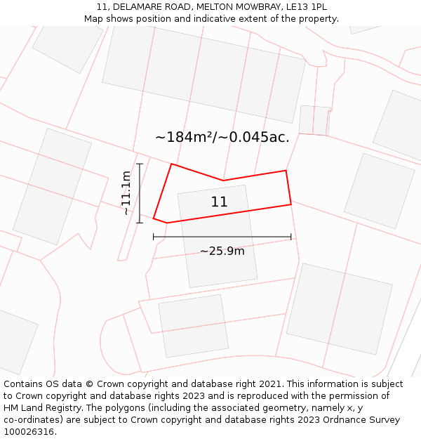11, DELAMARE ROAD, MELTON MOWBRAY, LE13 1PL: Plot and title map