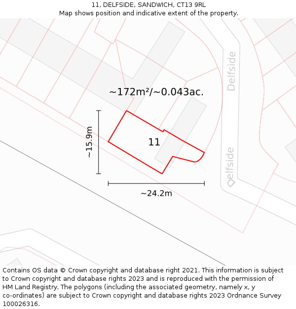 11, DELFSIDE, SANDWICH, CT13 9RL: Plot and title map