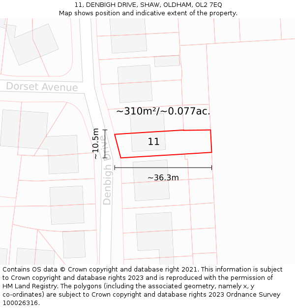 11, DENBIGH DRIVE, SHAW, OLDHAM, OL2 7EQ: Plot and title map