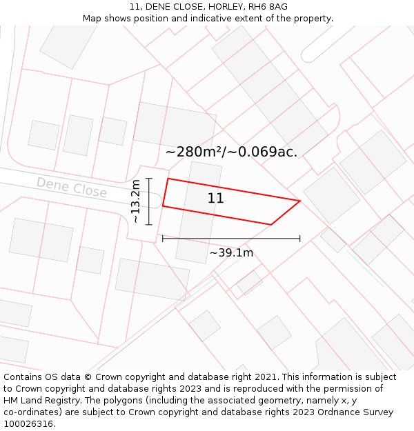 11, DENE CLOSE, HORLEY, RH6 8AG: Plot and title map
