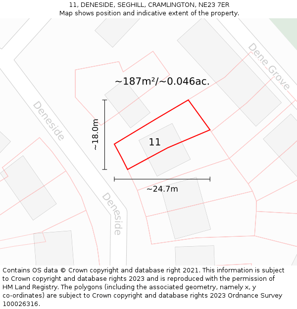 11, DENESIDE, SEGHILL, CRAMLINGTON, NE23 7ER: Plot and title map