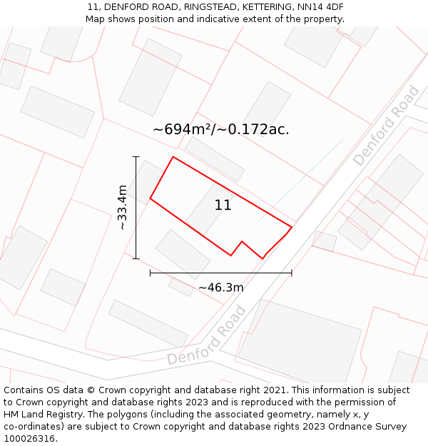 11, DENFORD ROAD, RINGSTEAD, KETTERING, NN14 4DF: Plot and title map