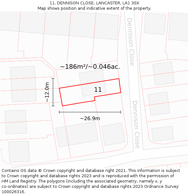 11, DENNISON CLOSE, LANCASTER, LA1 3SX: Plot and title map