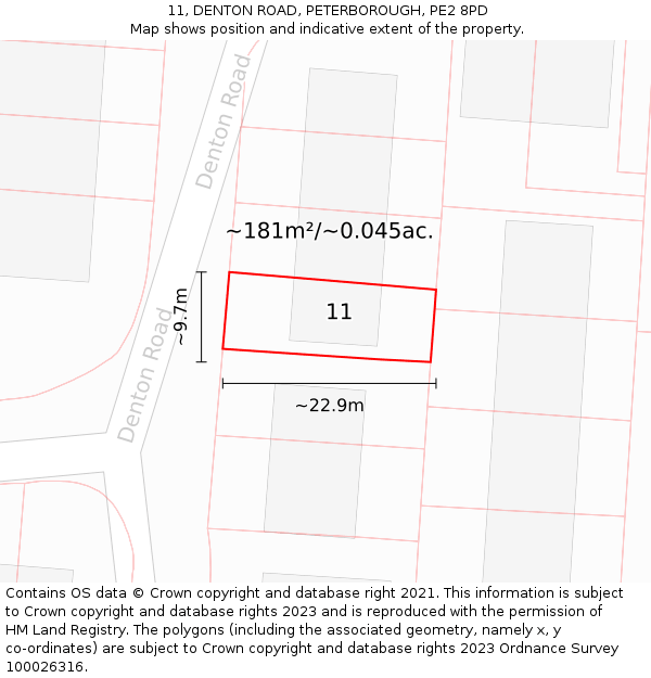 11, DENTON ROAD, PETERBOROUGH, PE2 8PD: Plot and title map