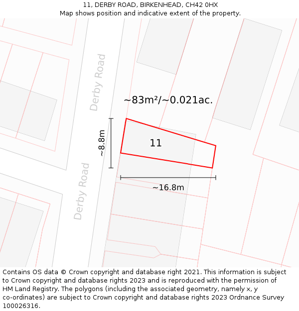 11, DERBY ROAD, BIRKENHEAD, CH42 0HX: Plot and title map