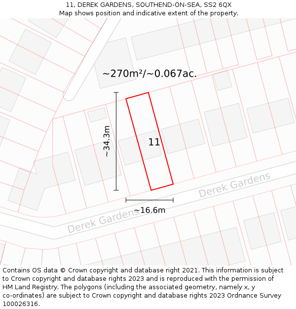 11, DEREK GARDENS, SOUTHEND-ON-SEA, SS2 6QX: Plot and title map