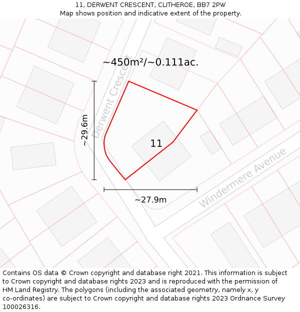 11, DERWENT CRESCENT, CLITHEROE, BB7 2PW: Plot and title map