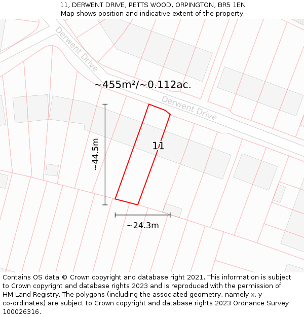 11, DERWENT DRIVE, PETTS WOOD, ORPINGTON, BR5 1EN: Plot and title map
