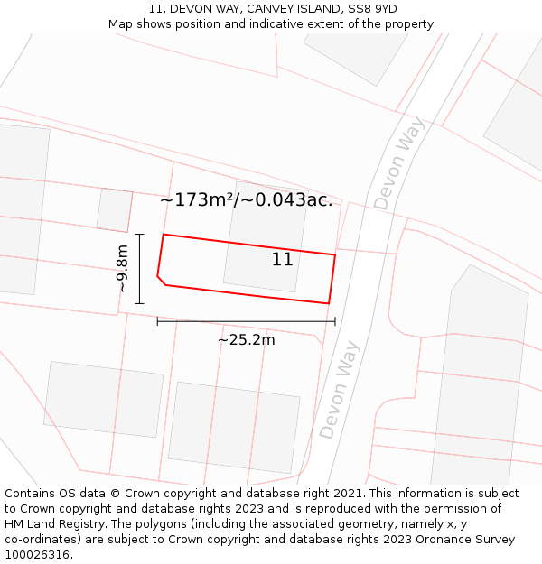 11, DEVON WAY, CANVEY ISLAND, SS8 9YD: Plot and title map