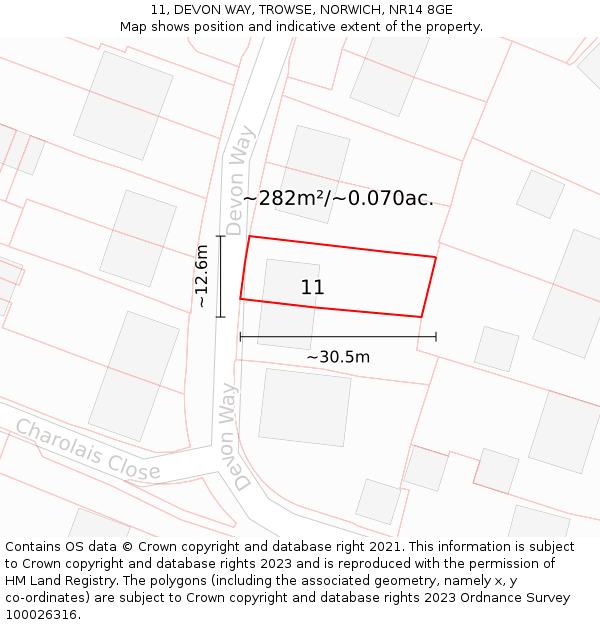 11, DEVON WAY, TROWSE, NORWICH, NR14 8GE: Plot and title map