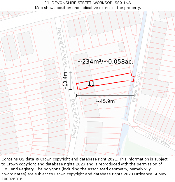 11, DEVONSHIRE STREET, WORKSOP, S80 1NA: Plot and title map