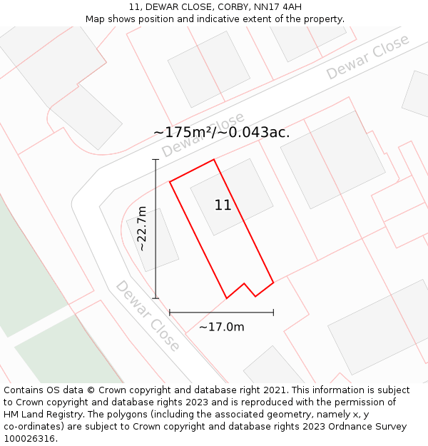 11, DEWAR CLOSE, CORBY, NN17 4AH: Plot and title map