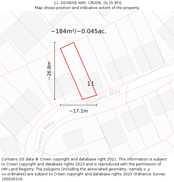 11, DICKENS WAY, CROOK, DL15 9FQ: Plot and title map