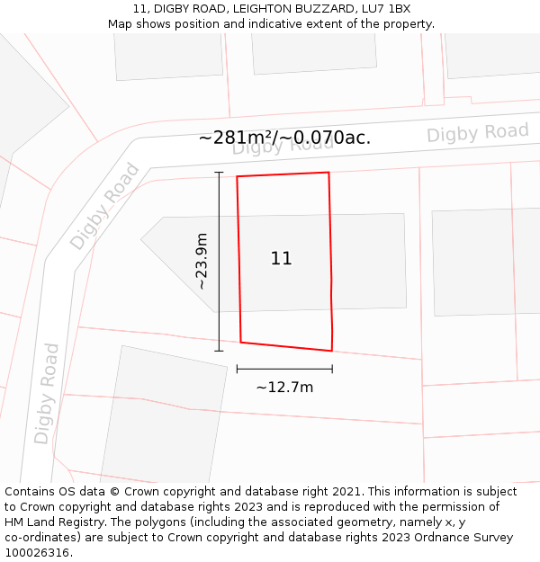 11, DIGBY ROAD, LEIGHTON BUZZARD, LU7 1BX: Plot and title map