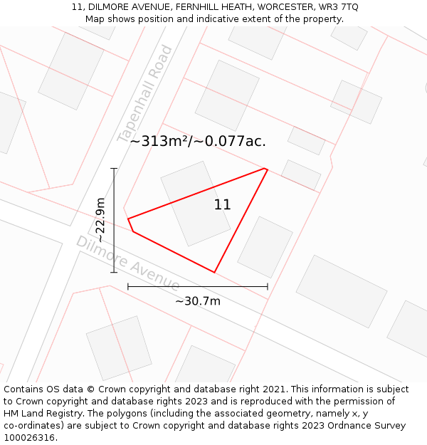 11, DILMORE AVENUE, FERNHILL HEATH, WORCESTER, WR3 7TQ: Plot and title map