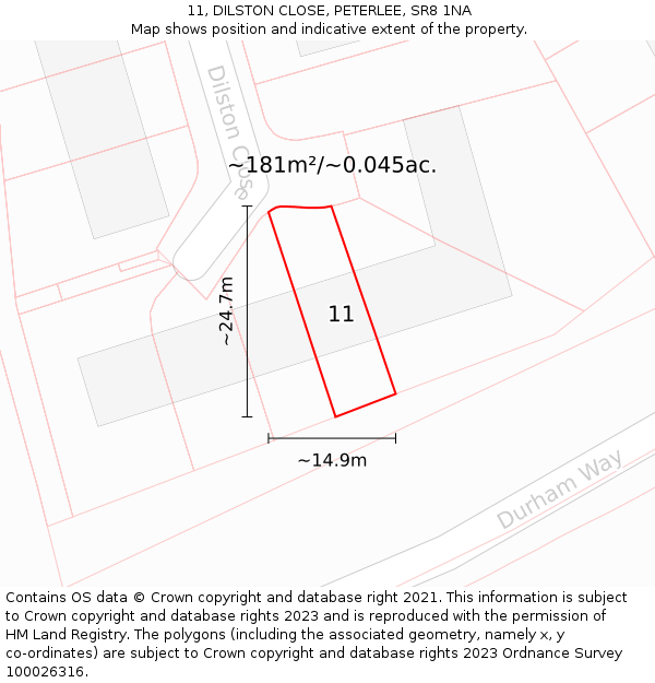 11, DILSTON CLOSE, PETERLEE, SR8 1NA: Plot and title map
