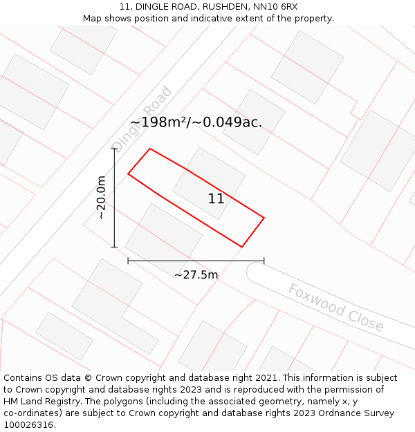 11, DINGLE ROAD, RUSHDEN, NN10 6RX: Plot and title map