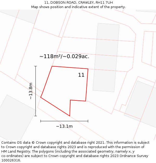 11, DOBSON ROAD, CRAWLEY, RH11 7UH: Plot and title map