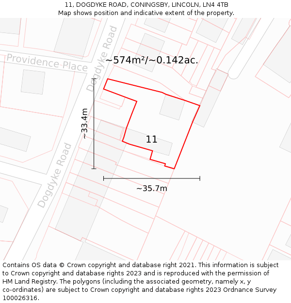11, DOGDYKE ROAD, CONINGSBY, LINCOLN, LN4 4TB: Plot and title map