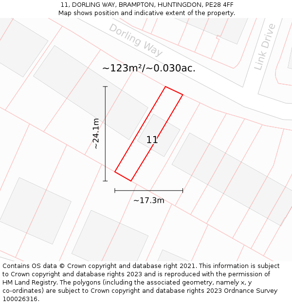 11, DORLING WAY, BRAMPTON, HUNTINGDON, PE28 4FF: Plot and title map
