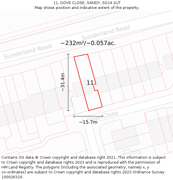 11, DOVE CLOSE, SANDY, SG19 2UT: Plot and title map
