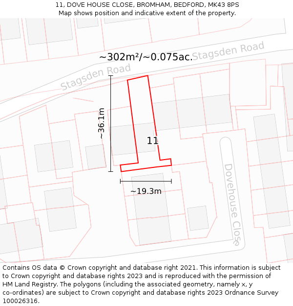 11, DOVE HOUSE CLOSE, BROMHAM, BEDFORD, MK43 8PS: Plot and title map