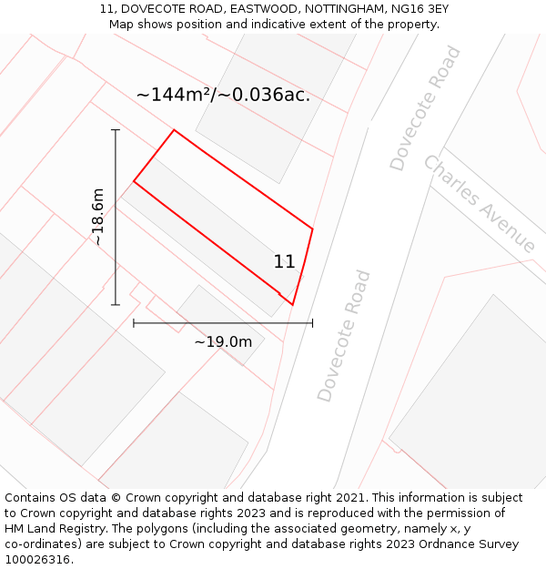 11, DOVECOTE ROAD, EASTWOOD, NOTTINGHAM, NG16 3EY: Plot and title map